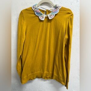 Boden Mustard Sweater with Embroidered Floral Collar Absolutely Adorable! 🥰